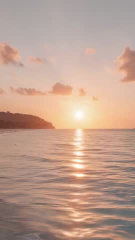 Vertical sunset video of sun sinking over headland with seabird gliding across calm ocean