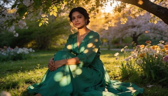 Indian woman sitting in sunlit blossom garden wearing emerald green dress, serene portrait