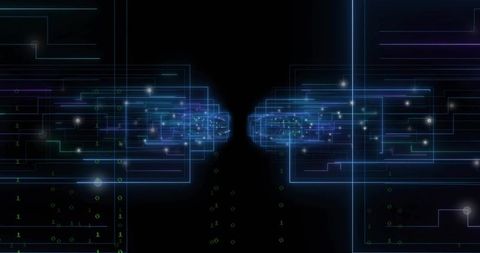 Mirrored Neon Data Corridor Converging Frames with Falling Binary Stream in Cyberspace