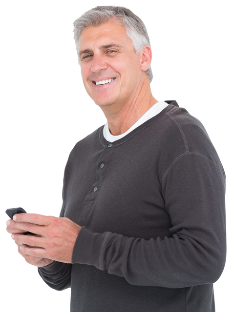 Smiling Mature Man Holding Smartphone on Light Transparent Background - Download Free Stock Videos Pikwizard.com