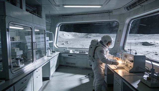 Astronaut adjusting life-support pack while testing glowing sample inside lunar laboratory