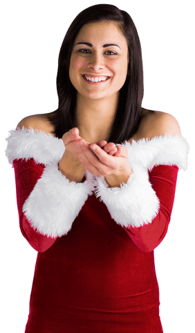 Smiling Woman in Santa Costume with Hands Outstretched Transparent Background