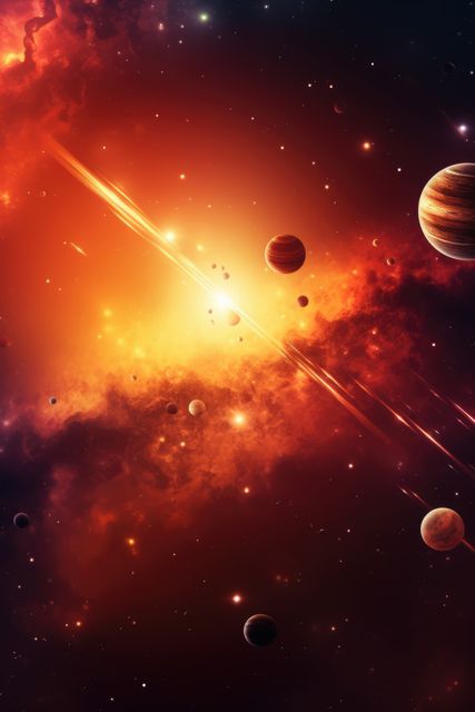 Depicts multiple planets and glowing nebula in space. Useful for science fiction book covers, astronomy presentations, researcher backgrounds, space-themed event flyers, and educational material on cosmic phenomena.