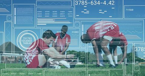 Youth soccer players adjusting cleats on grass with digital sports analytics hud overlay