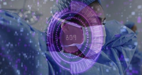 Surgical Nurse Adjusting Mask with Futuristic Interface Overlay