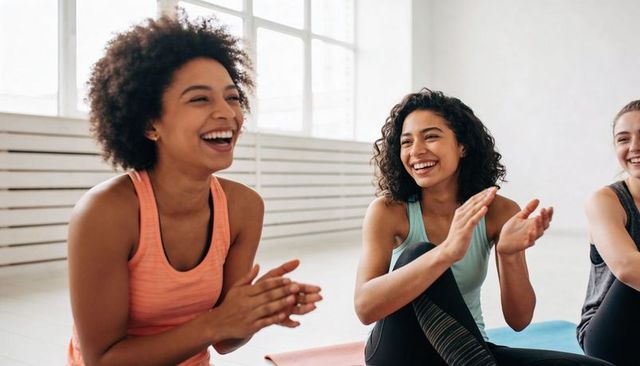 Group of women laughing and clapping after yoga class in bright sunlit fitness studio