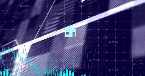 Abstract real estate market analytics showing rising data graph with digital house icon