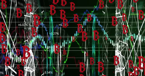 Digital Bitcoin Symbols Over Stock Data Sublayer