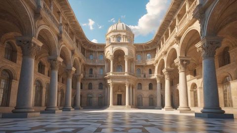 Historic courtyard with domed pavilion and columns in elegant palace