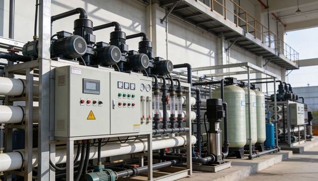 Industrial water treatment skid operating with control panel, pumps, membranes and automation