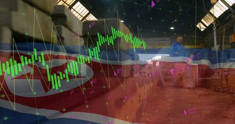 Stock market trends superimposed over north korean flag in warehouse