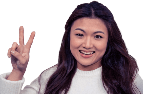 Smiling Asian Woman with Peace Sign on Transparent Background
