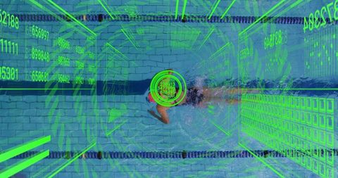 Top-Down Swimmer Wearing Red Cap Performing Front Crawl with Real-Time Data Overlay