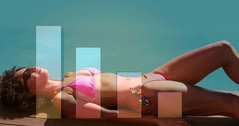 Reclining woman wearing pink bikini basking poolside with semi-transparent bar chart overlay