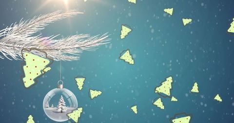 Festive Floating Holiday Ornaments and Falling Tree Icons on Blue