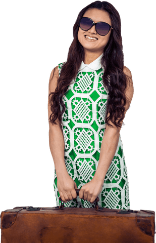 Stylish asian woman holding vintage suitcase transparent background