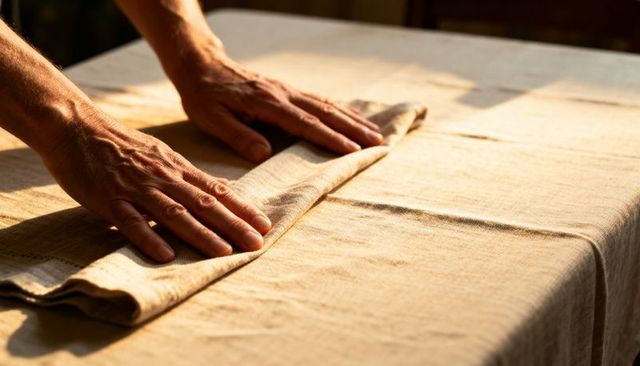 Hands smoothing linen tablecloth in warm natural light, minimalist home textile closeup