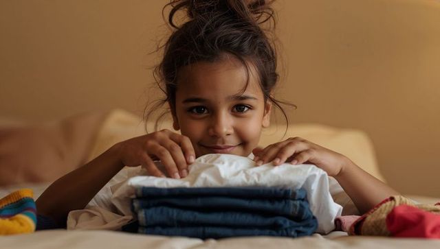 Smiling child resting chin on folded laundry on bed, cozy morning family moment
