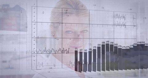 Mature professional woman with translucent 3D data charts overlay showing analytics and leadership