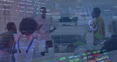 Stock market data overlay with team meeting in modern office
