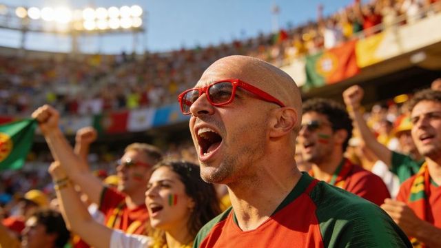 Bald male fan shouting in red sunglasses, red-green jersey at packed stadium