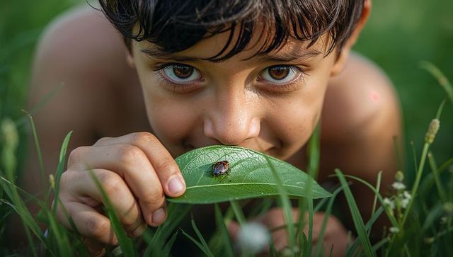Curious boy examining colorful beetle on leaf while holding green leaf in sunlit grass