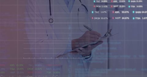 Medical Professional Analyzing Data Overlayed with Stock Market Trends