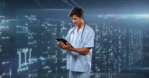 Male Doctor Interacting with Digital Medical Interface