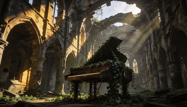 Ivy-covered grand piano resting in sunlit gothic cathedral ruins with overgrown vegetation