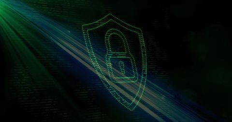 Neon shield protecting network data with padlock icon, futuristic cybersecurity concept