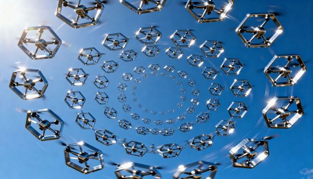 Futuristic swarm of reflective hexagonal drones forming spiraling vortex against blue sky