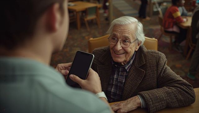 Senior Man Connecting with Smartphone in Communal Dining Area