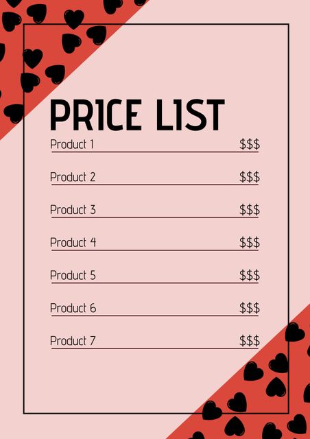 Valentine-themed price list template featuring heart accents and a pink and red color scheme. Perfect for use by businesses promoting Valentine’s Day offers, sales, or seasonal products. Can be used in both digital and print marketing materials to attract customers with a romantic and festive visual appeal.