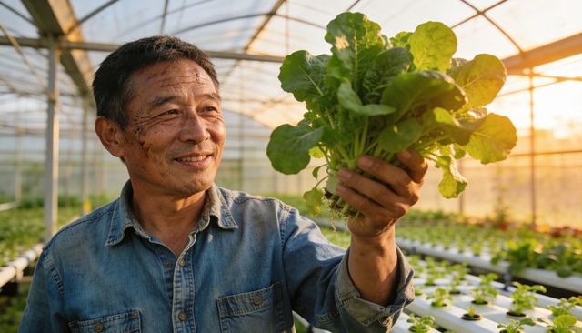 Smiling grower holding fresh hydroponic lettuce bundle in sunlit greenhouse at golden hour