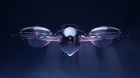 Chromed teardrop spacecraft hovering between dual glowing pods cinematic studio reveal