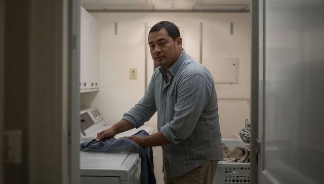 Man folding laundry on washer in minimalist laundry room, casual home chore lifestyle