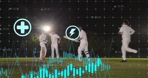Cricket players huddling under floodlights with analytics overlays and performance charts