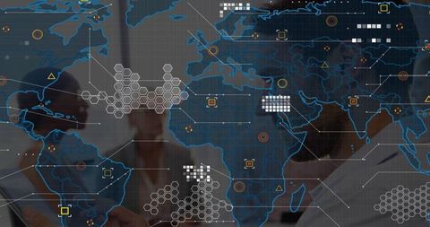 Business team collaborating and analyzing data with world map network overlay analytics