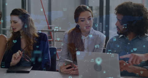 Diverse Coworkers Collaborating with Digital Network Overlay