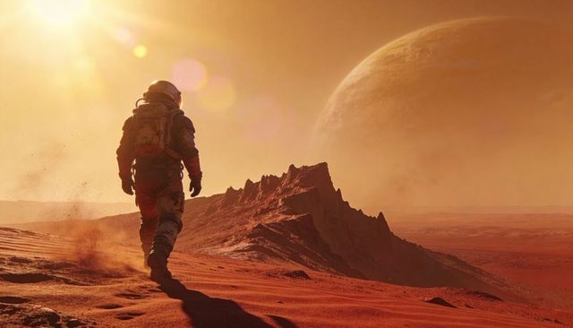 Astronaut walking on red planet toward jagged ridge at sunset with backlit helmet