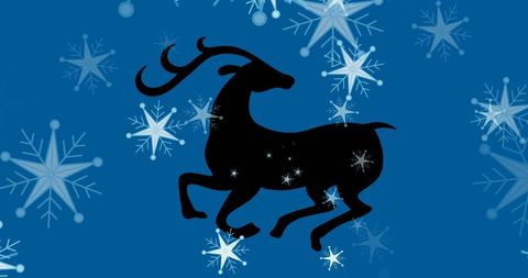Silhouette of Reindeer with Falling Snowflakes on Blue Background