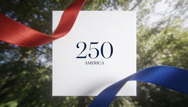 250 america celebration card with red and blue ribbons floating in sunlit tree canopy