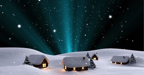 Snowy Night with Illuminated Cozy Cottages and Falling Snow