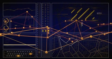 Displaying glowing gold nodes across futuristic geospatial dashboard with network lines