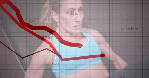 Woman combining fitness with business challenges: financial graph overlay