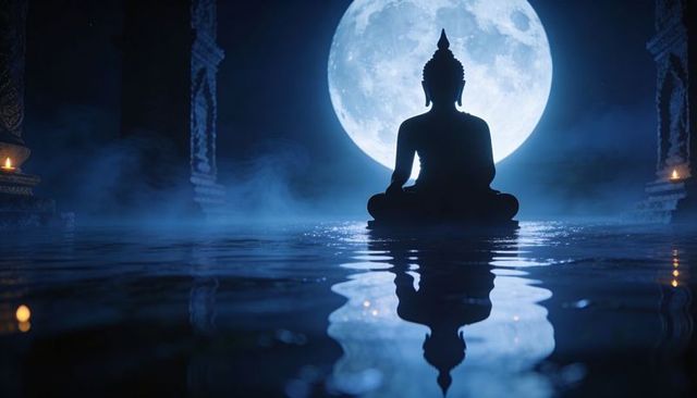 Buddha silhouette meditating under full moon on reflective temple pond at night with mist