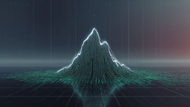 Streaming data mountain rising on reflective grid with neon contour and holographic glow