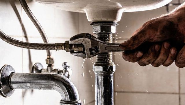 Plumber tightening leaking sink nut with adjustable wrench, dirty hands gripping wrench, dripping ch