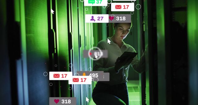 A young woman is engaging with numerous social media notifications on her smartphone in a dark, atmospheric room filled with floating icons representing messages, likes, and comments. Useful for illustrating the modern digital age, social media management, online interactions, and internet dependence. Perfect for articles, blogs, presentations about social media, technology in daily life, or the psychological effects of digital communication.