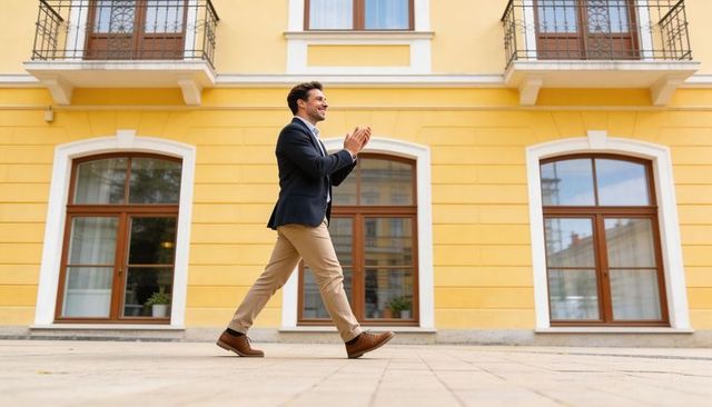 Businessman striding and clapping across urban plaza by yellow facade with arched windows